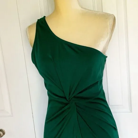 Women Night Gown Dress Large Green One Shoulder Ruffle Hem CHICME - Picture 8 of 16